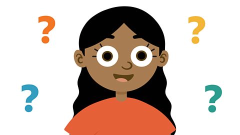 An illustration of a young girl smiling with question marks around her.