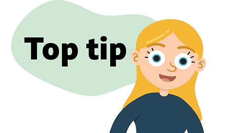 An illustration of a young girl smiling with a speech bubble saying top tip.