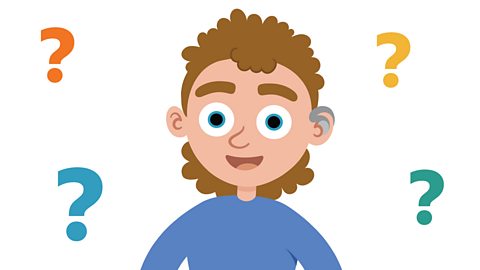 An illustration of a young boy smiling with question marks around him.