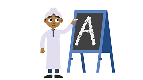 An illustration of a young boy smiling and writing the letter A on a whiteboard.
