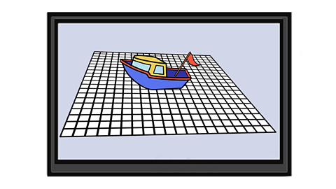 Computer screen with a ship on a black and white squared grid