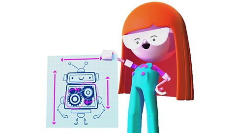 An illustration of a girl holding out a design of a robot with various dimensions labelled using arrows.