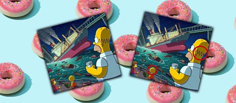 Two images from The Simpsons - showing a ship sinking after hitting a bridge, the other is the same image but has sections highlighted where there are telltale signs of AI use. Background image is pink donuts on a blue background.