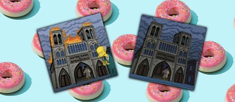 Two images from The Simpsons - one of Notre-Dame cathedral with flames on it, the other without flames. Background image is pink donuts on a blue background.