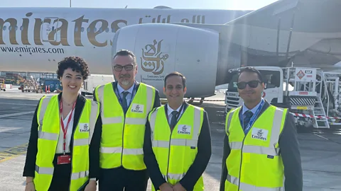 Courtesy of GE GE Aerospace employees with the first Sustainable Aviation Fuel flight in the Middle East & North Africa region (Credit: Courtesy of GE)