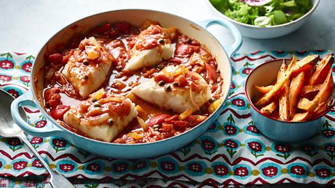 Sicilian fish with sweet potato chips