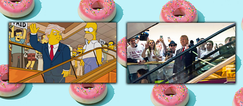 One image from The Simpsons of 鶹Լr and Donald Trump using an escalator, the other is of the real life Donald Trump on an escaltor. Background image is pink donuts on a blue background.