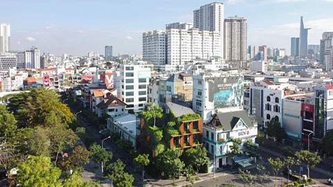 Hoang Le/ TAA Design A wooden baton structure covered in planting is fixed to the Tony Fruit office in Ho Chi Minh City, Vietnam, offering shade and cooling the air (Credit: TAA Design)