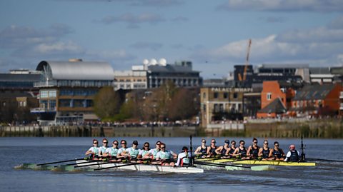 Two eight-person rowing boats in action on the River Thames. The left hand boat is crewed by Cambridge, wearing light blue, while the boat on the right hand side, slightly behind, is Oxford, wearing dark blue.