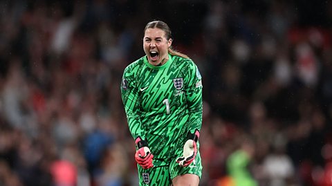 Mary Earps of England celebrates in a UEFA Women's European Qualifier match against Sweden