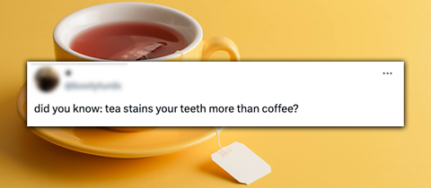 Cup of tea in a yellow cup and saucer on a yellow background with a tweet that says 'did you know: tea stains your teeth more than coffee?'.