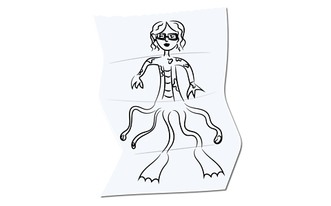 A piece of paper folded into four sections. A head of a girl with glasses, body of a lizard, octopus tentacles and duck's feet.