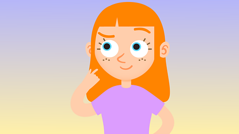 A girl with red hair is thinking with her finger on her chin.