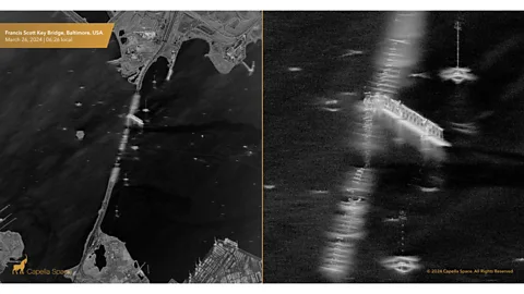 Capella Space Αυτές οι εικόνες που τραβήχτηκαν από το Capella Space δείχνουν ξεκάθαρα τη στιγμή που ένα φορτηγό πλοίο συγκρούστηκε με τη γέφυρα Francis Scott Key της Βαλτιμόρης τον Μάρτιο του 2024 (Προσφορά: Capella Space)
