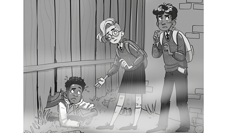 Illustration of the characters in the book crawling under the fence.