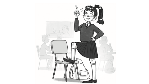 Illustration of a girl with her leg up on a chair and a finger in the air.