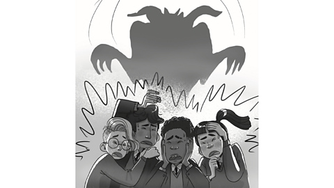 Illustration of the four characters from the story with a big shadow of a monster.