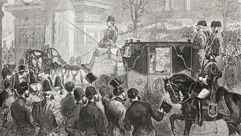 A newspaper illustration from the opening day of the Royal Albert Hall shows Queen Victoria's carriage arriving, flanked by horses and surrounded by crowds