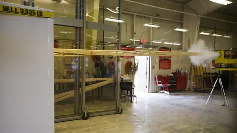 Getty Images At the National Wind Institute in Texas, storm shelters are tested with wooden missiles (Credit: Getty Images)