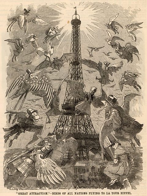 An 1889 cartoon marks the opening of the Eiffel Tower, showing birds of all nations flocking towards it