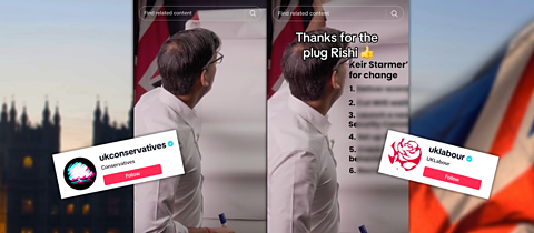 A side-by-side comparison of a social post from ukconservatives and uklabour showing Rishi Sunak with a white board, one is blank, one has policies on it.