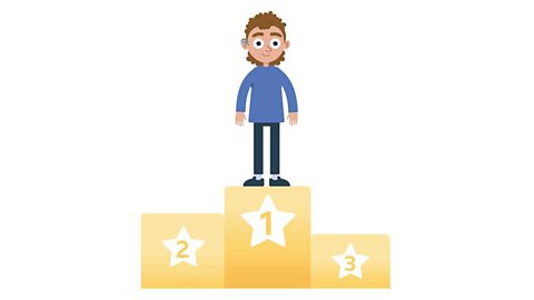 An illustration of a male athlete standing on a podium in first place. 