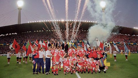 Denmark's squad celebrates a remarkable victory at Euro 1992 in Sweden - a month prior they had been knocked out in qualification