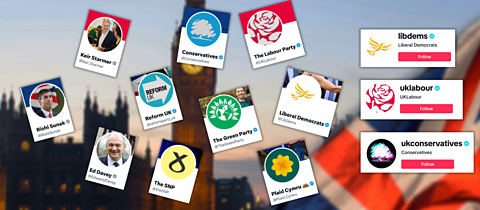 A blurred image of big ben and a UK flag which is behind lots of logos of political parties from their social media profiles showing various types of verification ticks.