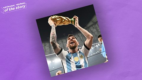 A picture of Messi lifting the World Cup on a purple background.