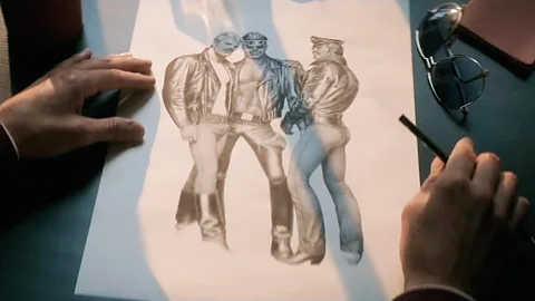 Alamy Known for his cartoon hunks, Tom of Finland had a particular fascination with bikers, as seen in this still from the 2017 biopic of the illustrator (Credit: Alamy)