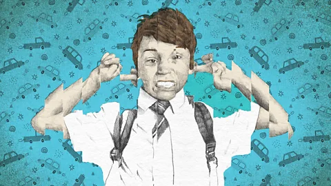 Emmanuel Lafont/BBC An illustration of a boy with his fingers in his ears to block out traffic noise (Credit: Emmanuel Lafont/BBC)