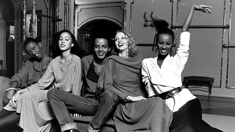 Getty Images Bethann Hardison, Karen Bjornson, Alva Chinn and Iman pose with designer Stephen Burrows (Credit: Getty Images)