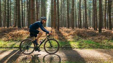 Man riding a bike through a forest