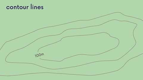 Simplified map showing contour lines including one labelled as 100 metres