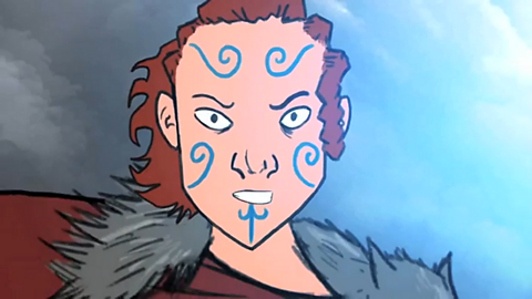 Animated image of Queen Boudicca with blue Celt paint on her face. 