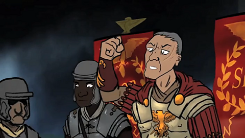 Image of a senior Roman soldier with his fist in the air. 