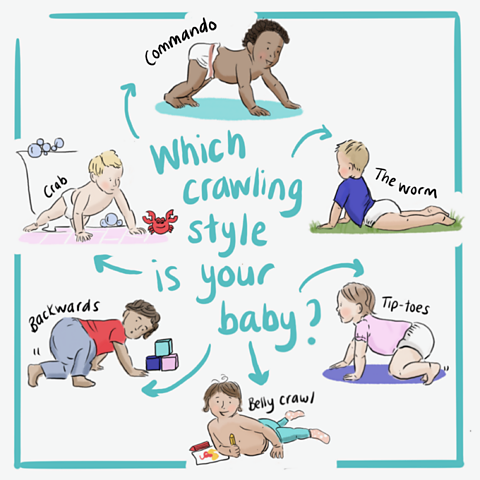 A cute illustration of six different styles of crawling; commando, the worm, the crab, tip-toes, the belly crawl and the backwards crawl.