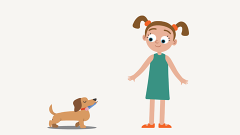 An illustration of a dachshund carrying a pencil in its mouth to give it to a little girl