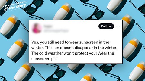 A Tweet about wearing sunscreen in the winter on a blue background that has lots of bottles of sunscreen on it.