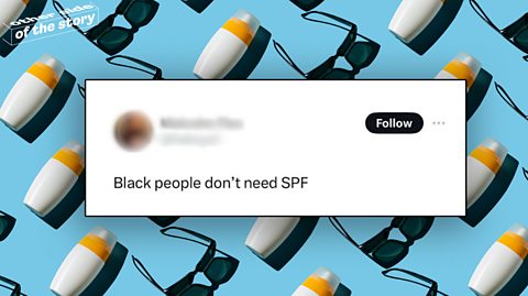 A Tweet about SPF on a blue background that has lots of bottles of sunscreen on it.