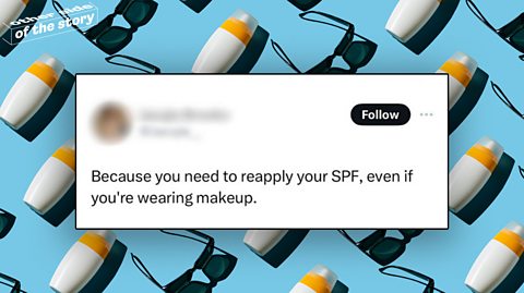 A Tweet about reapplying SPF on a blue background that has lots of bottles of sunscreen on it.