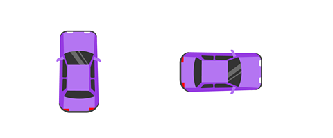 A car facing forward and then turned to face the side at 90 degrees or one fourth of the way around.