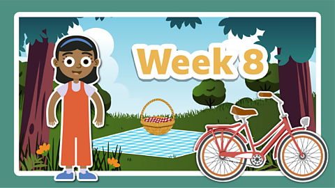 A little girl with a picnic blanket and basket and a bike. Week 8