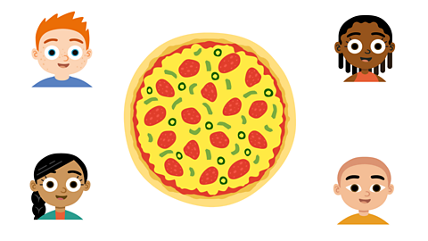 An illustration of 4 kids and a pizza.