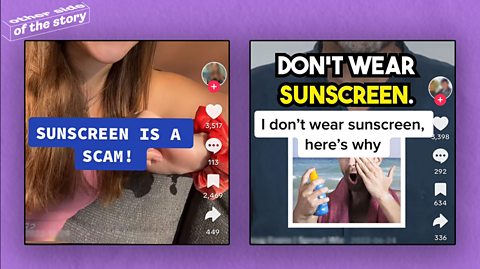 Two TikTok screenshots showing people advising against using sunscreen.