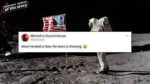 Image of the Moon landing with a post from X in front of it.