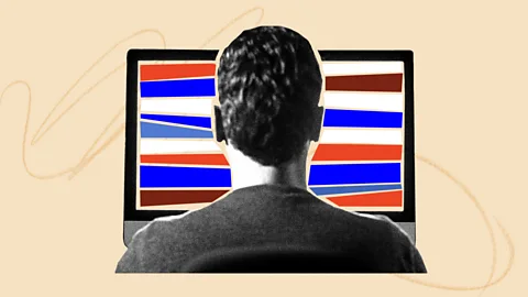 Serenity Strull/BBC/Getty Images Graphic of man in front of red white and blue striped screen (Credit: Serenity Strull/BBC/Getty Images)