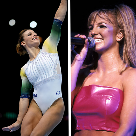 Jade Barbosa wearing a Brazilian leotard and dancing, next to a young Britney Spears wearing a pink crop top and smiling into a microphone.