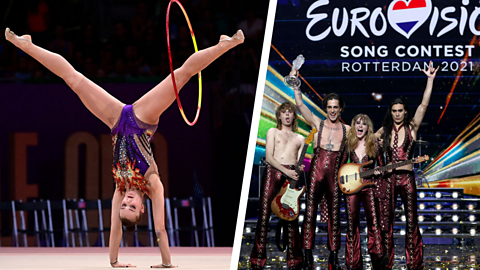 Gymnast Margarita Kolosov does a handstand with a hoop dangling from one leg, next to Maneskin celebrating on stage after winning Eurovision