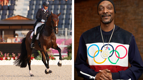 Equestrian athlete Steffen Peters riding a brown horse, next to the rapper Snoop Dogg, who is wearing a navy and red sweater with the Olympic rings on it